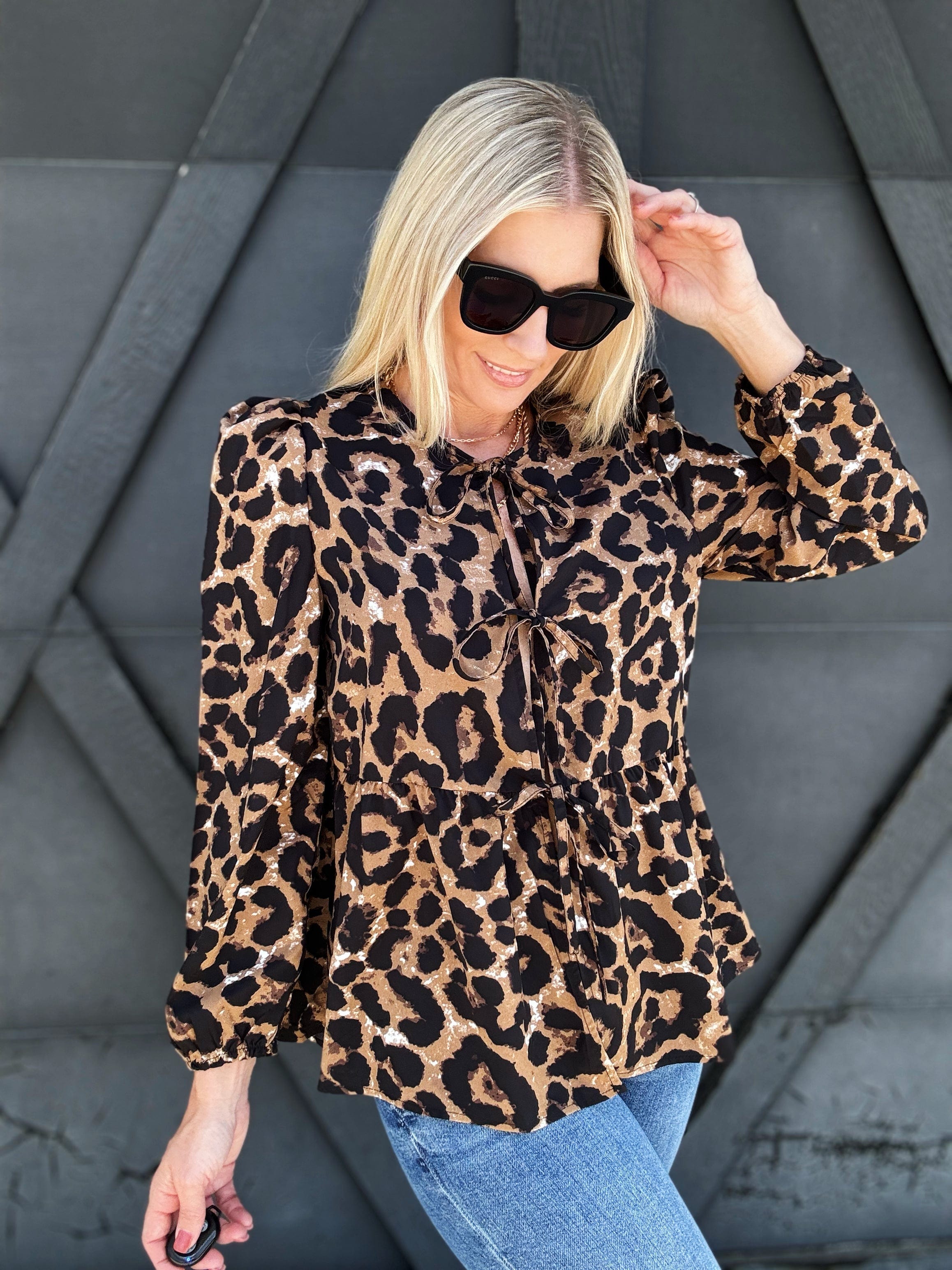 Puff Sleeve Bow Tie Shirt In Leopard - Infinity Raine