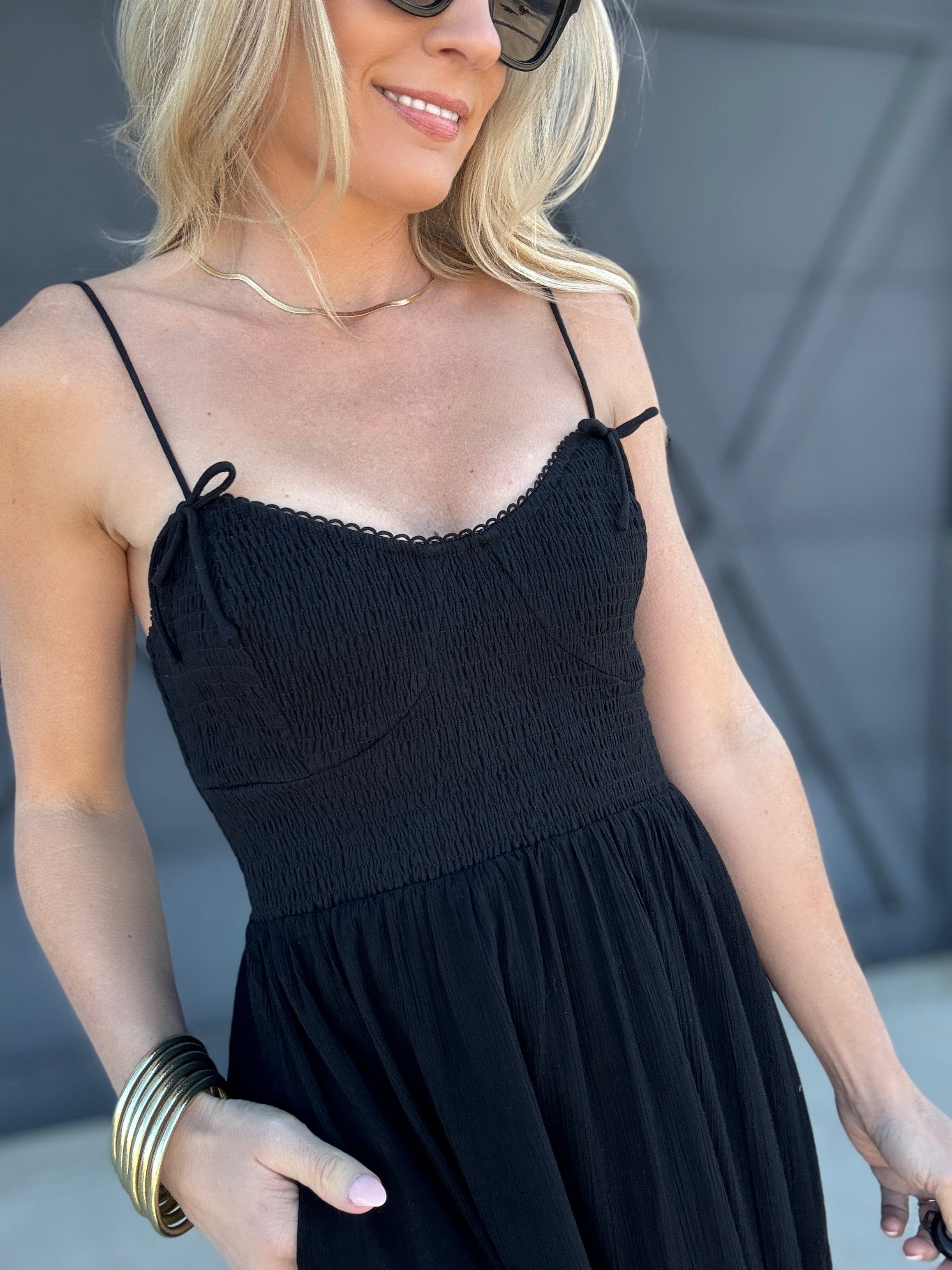 Smocked Top Midi Dress In Black - Infinity Raine