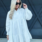 Poplin Woven Mini Flowy Dress in White - Infinity Raine