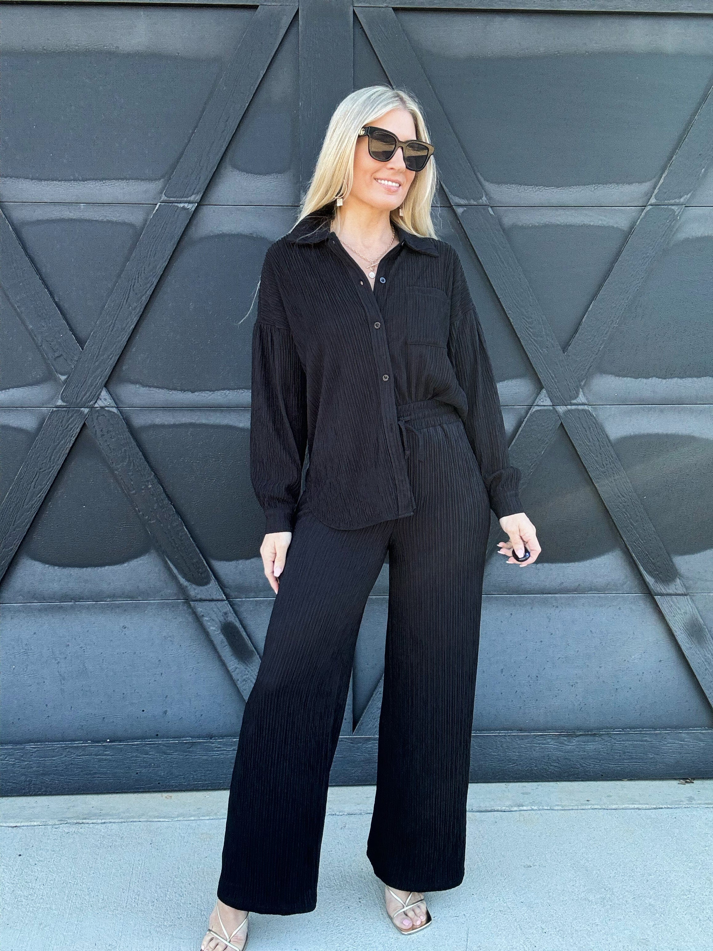 Crinkled Plisse Button Down Loungewear Set In Black - Infinity Raine