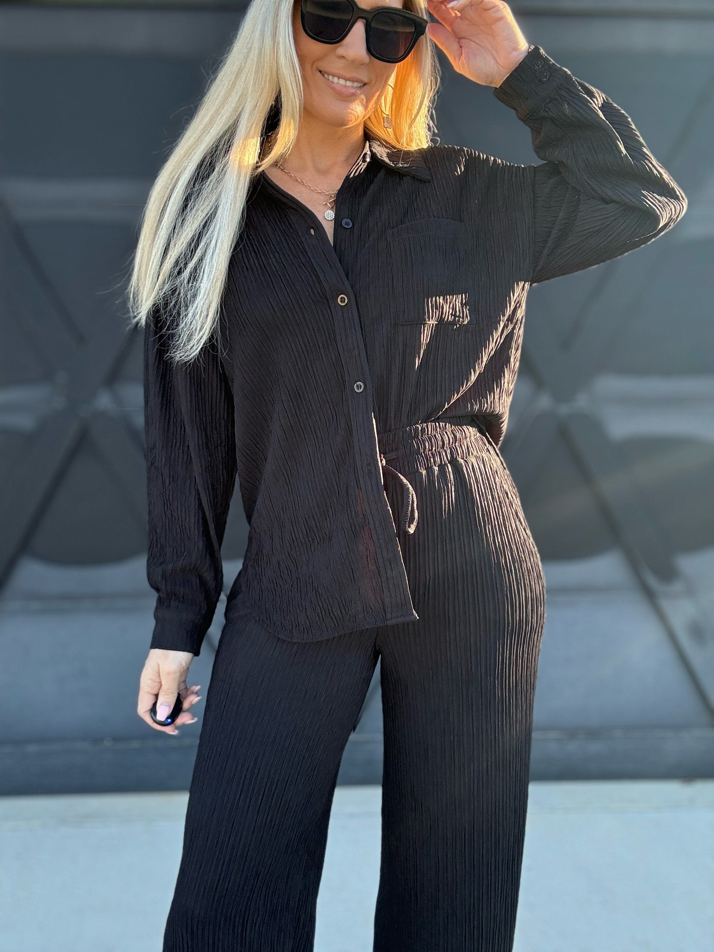 Crinkled Plisse Button Down Loungewear Set In Black - Infinity Raine