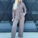 love poem Sets Crinkled Plisse Button Down Loungewear Set In Coco