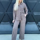 love poem Sets Crinkled Plisse Button Down Loungewear Set In Coco