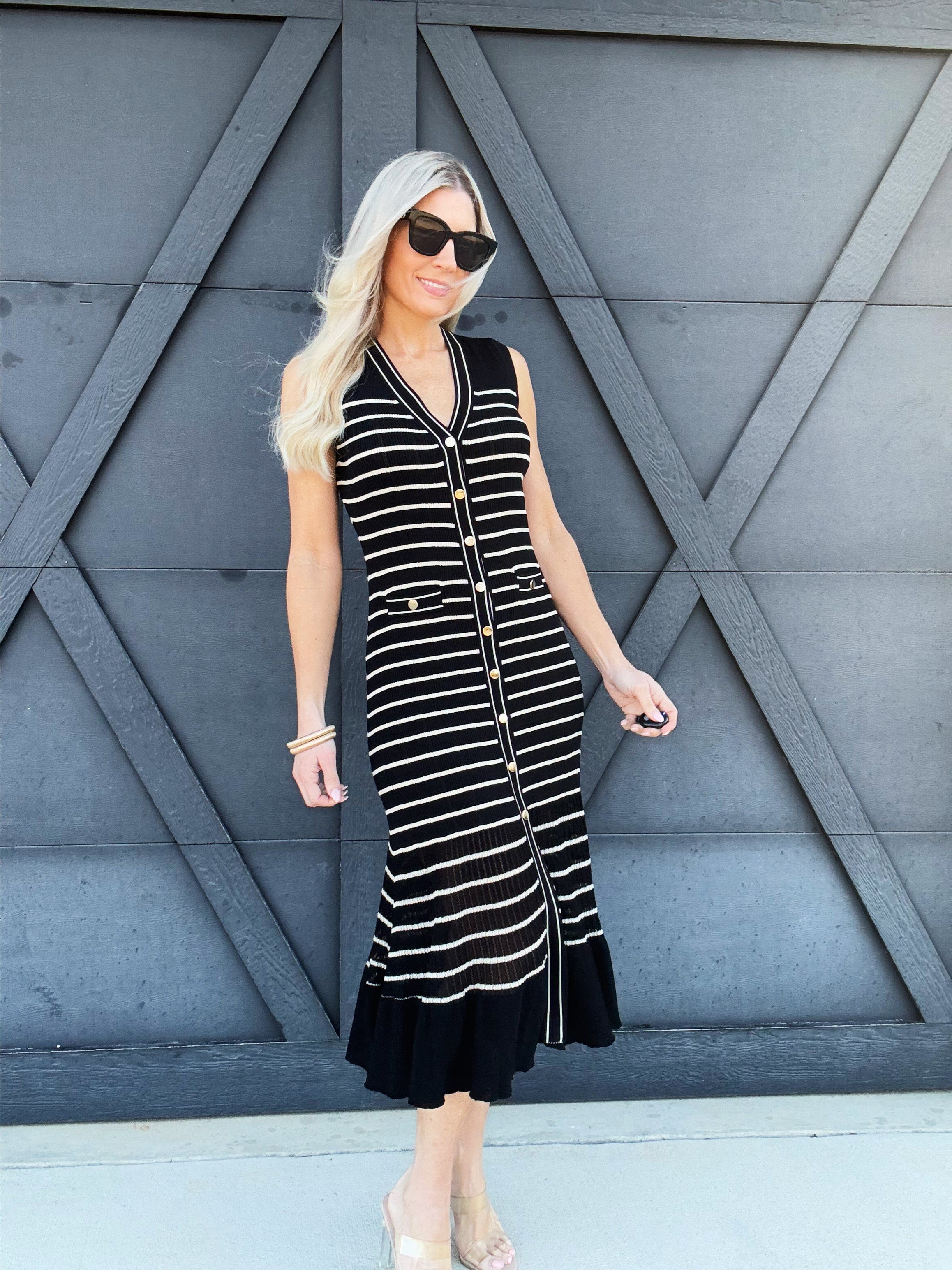 Lumiere Dresses Button Down Stripe Dress In Black