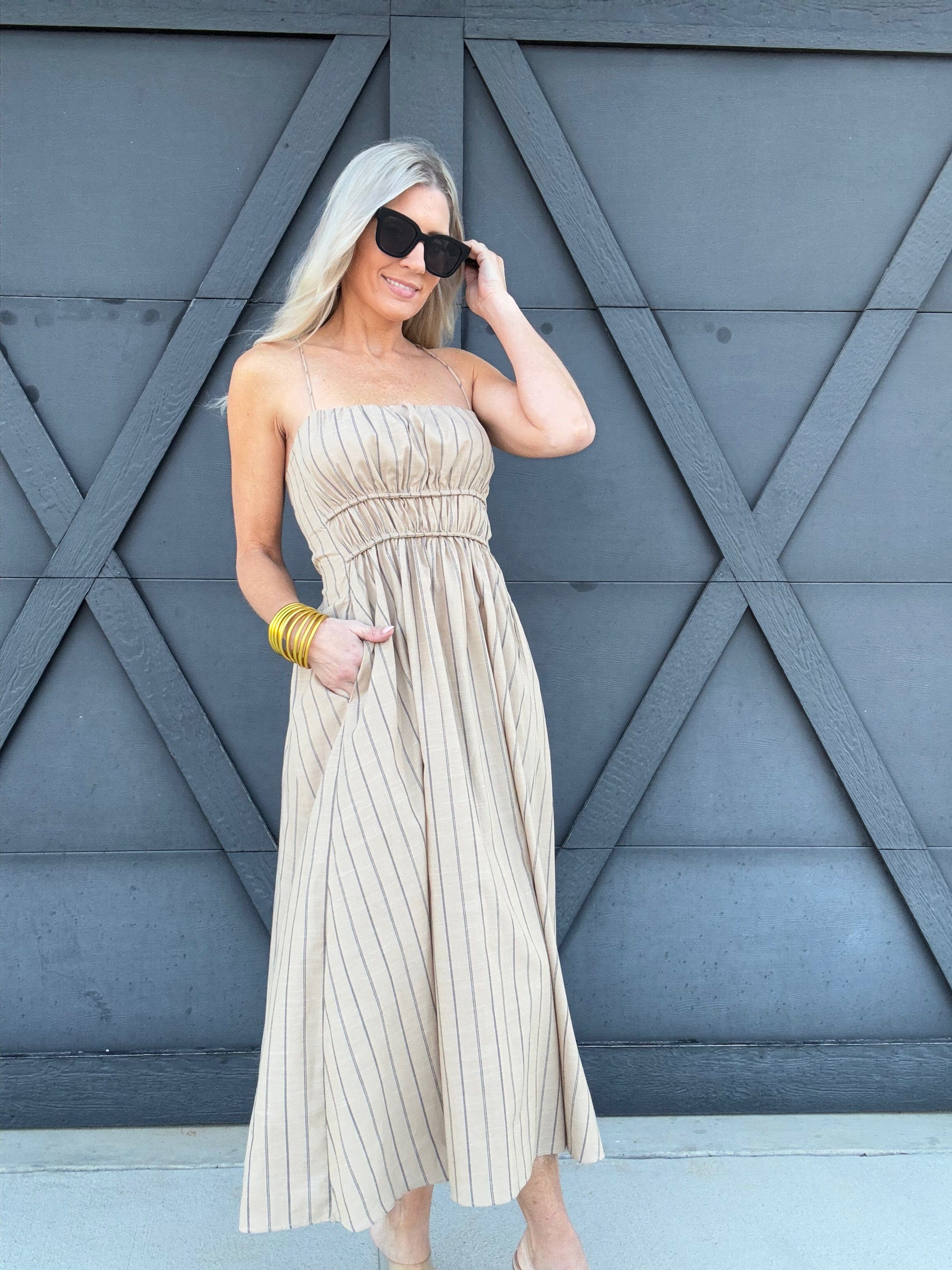 Lumiere Dresses Striped Sundress In Beige