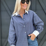 Contrast Collar And Cuff Stripe Shirt In Denim - Infinity Raine