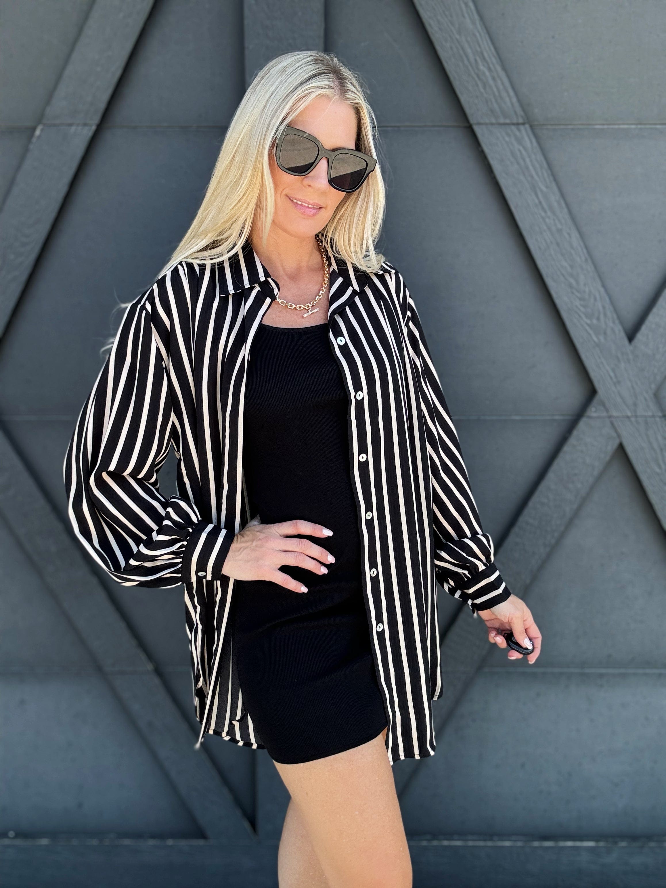 Long Sleeve Oversized Stripe Shirt In Black - Infinity Raine