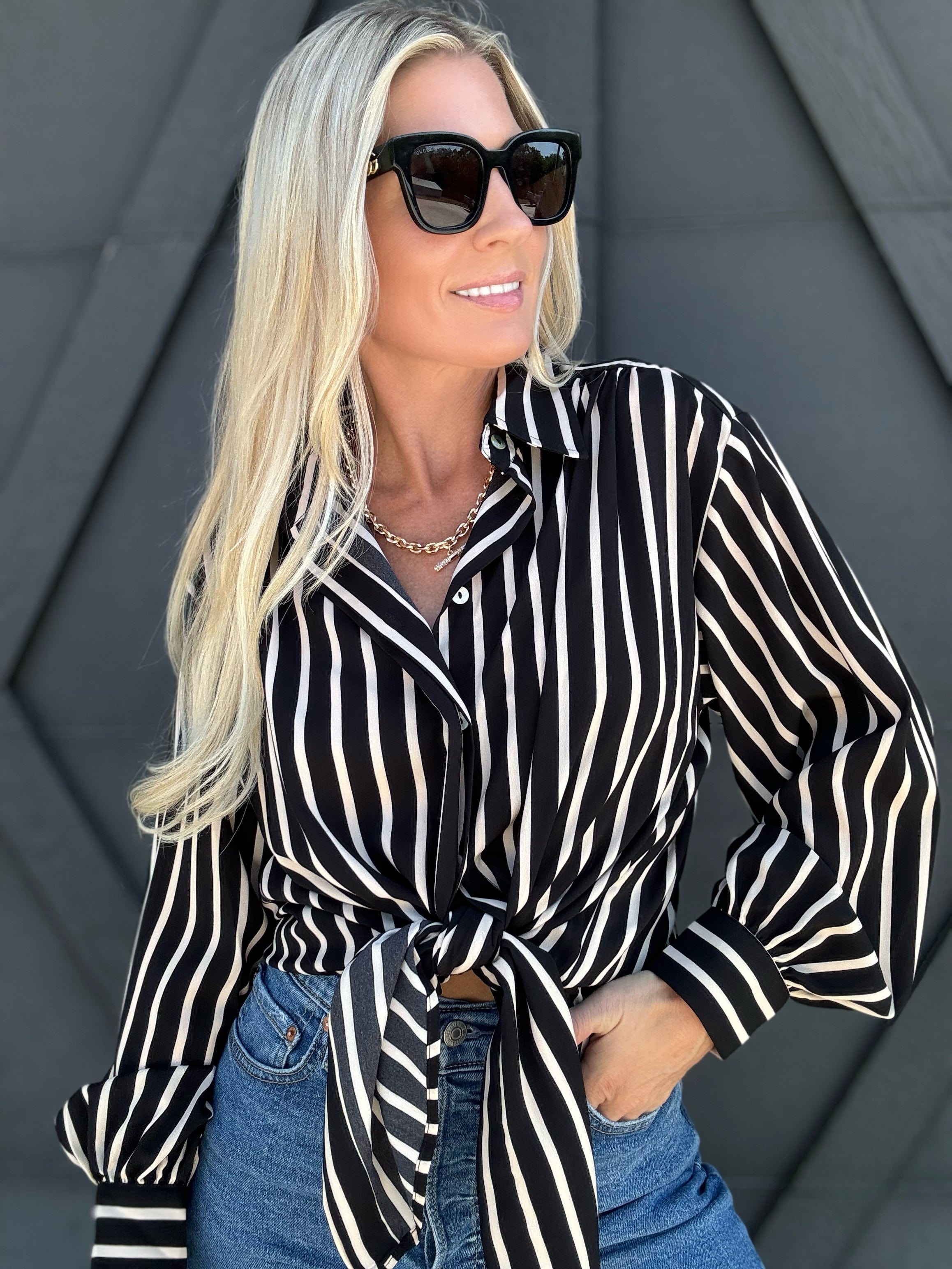 Long Sleeve Oversized Stripe Shirt In Black - Infinity Raine