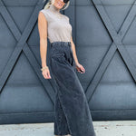 Denim Pleated Wide Leg Jean Pants-Washed Black - Infinity Raine