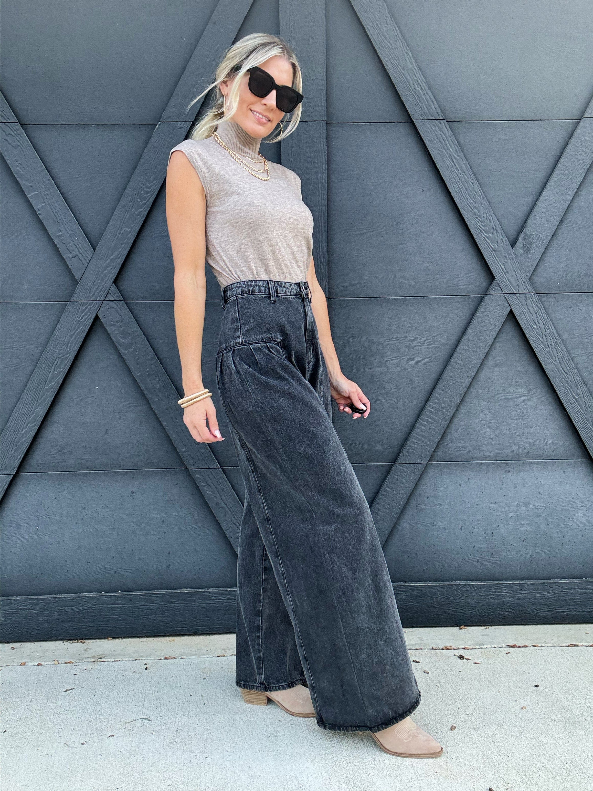 Denim Pleated Wide Leg Jean Pants-Washed Black - Infinity Raine