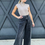 Denim Pleated Wide Leg Jean Pants-Washed Black - Infinity Raine