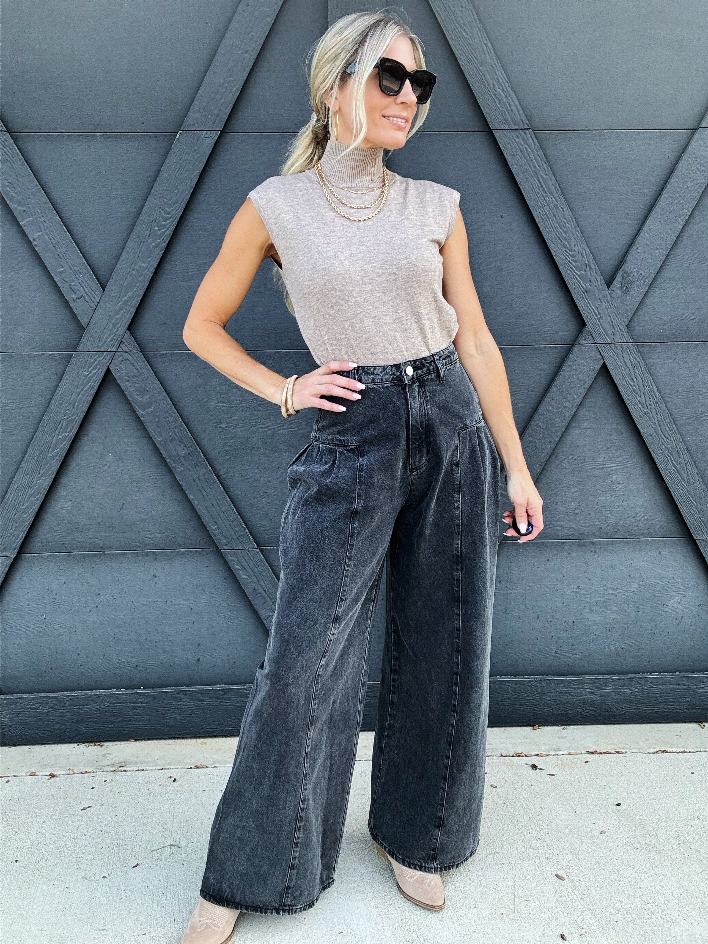 Denim Pleated Wide Leg Jean Pants-Washed Black - Infinity Raine