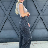 Denim Pleated Wide Leg Jean Pants-Washed Black - Infinity Raine