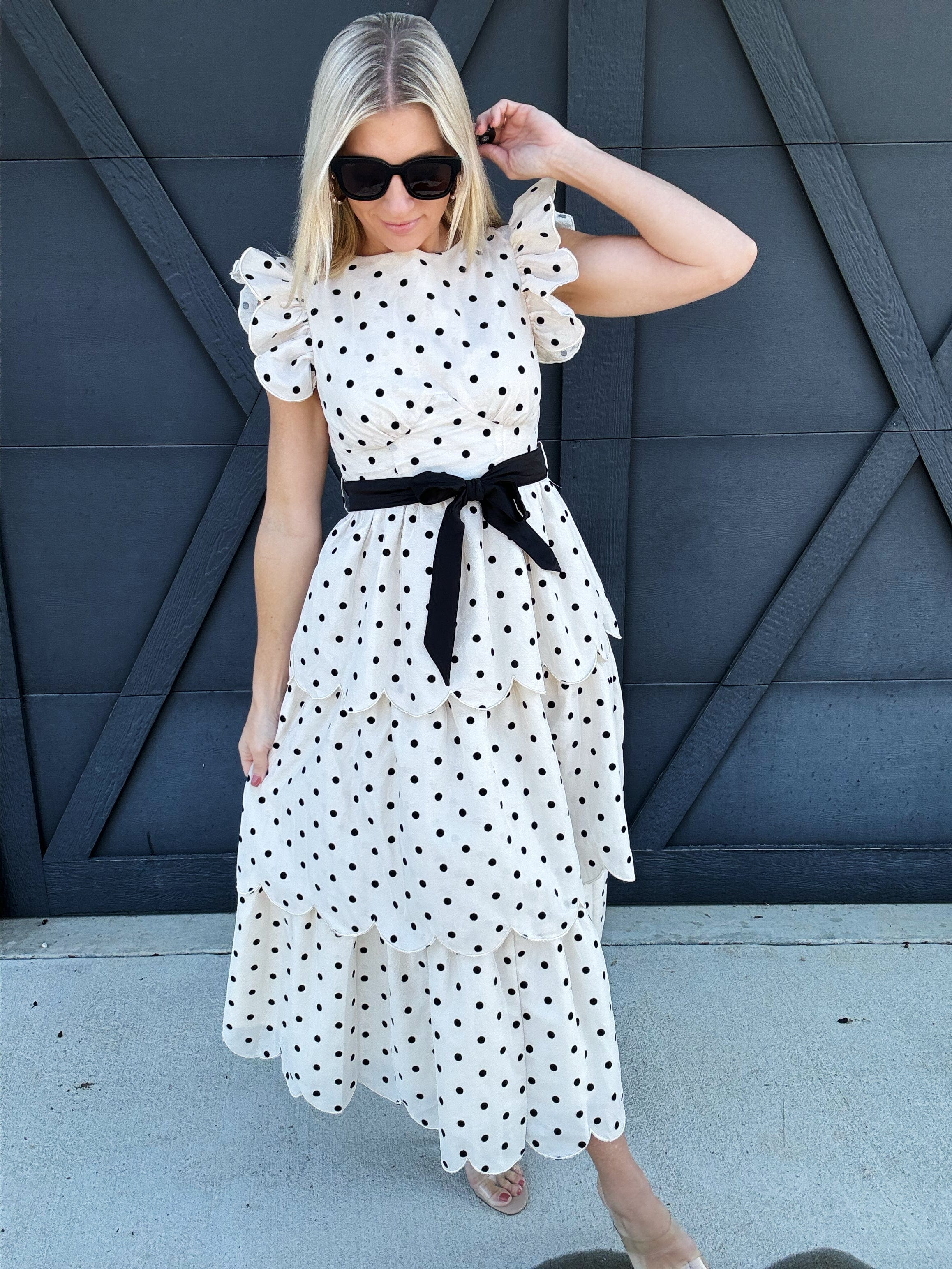 Polkadot Scalloped Ruffle Tiered Midi Dress - Infinity Raine