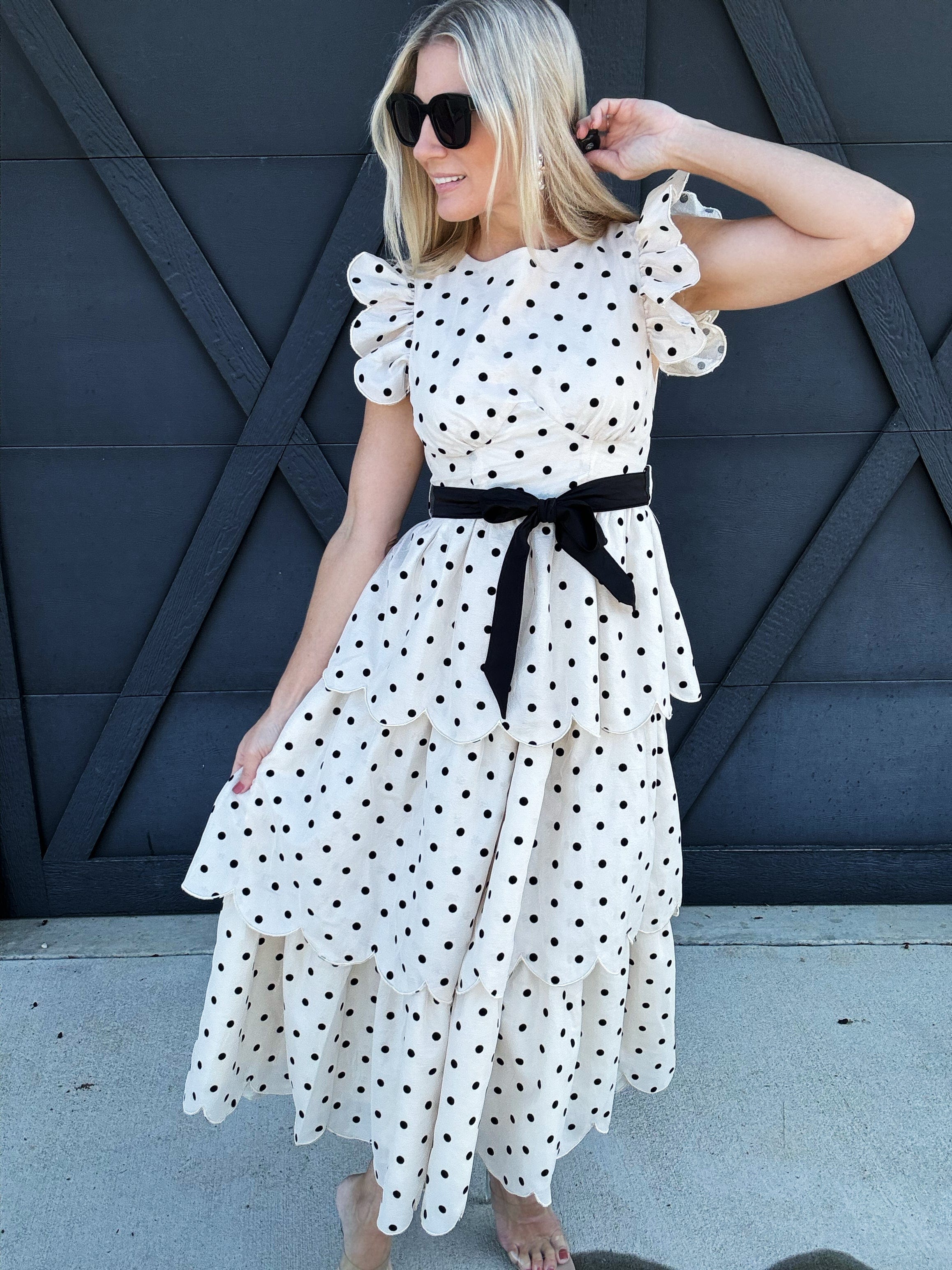 Polkadot Scalloped Ruffle Tiered Midi Dress - Infinity Raine