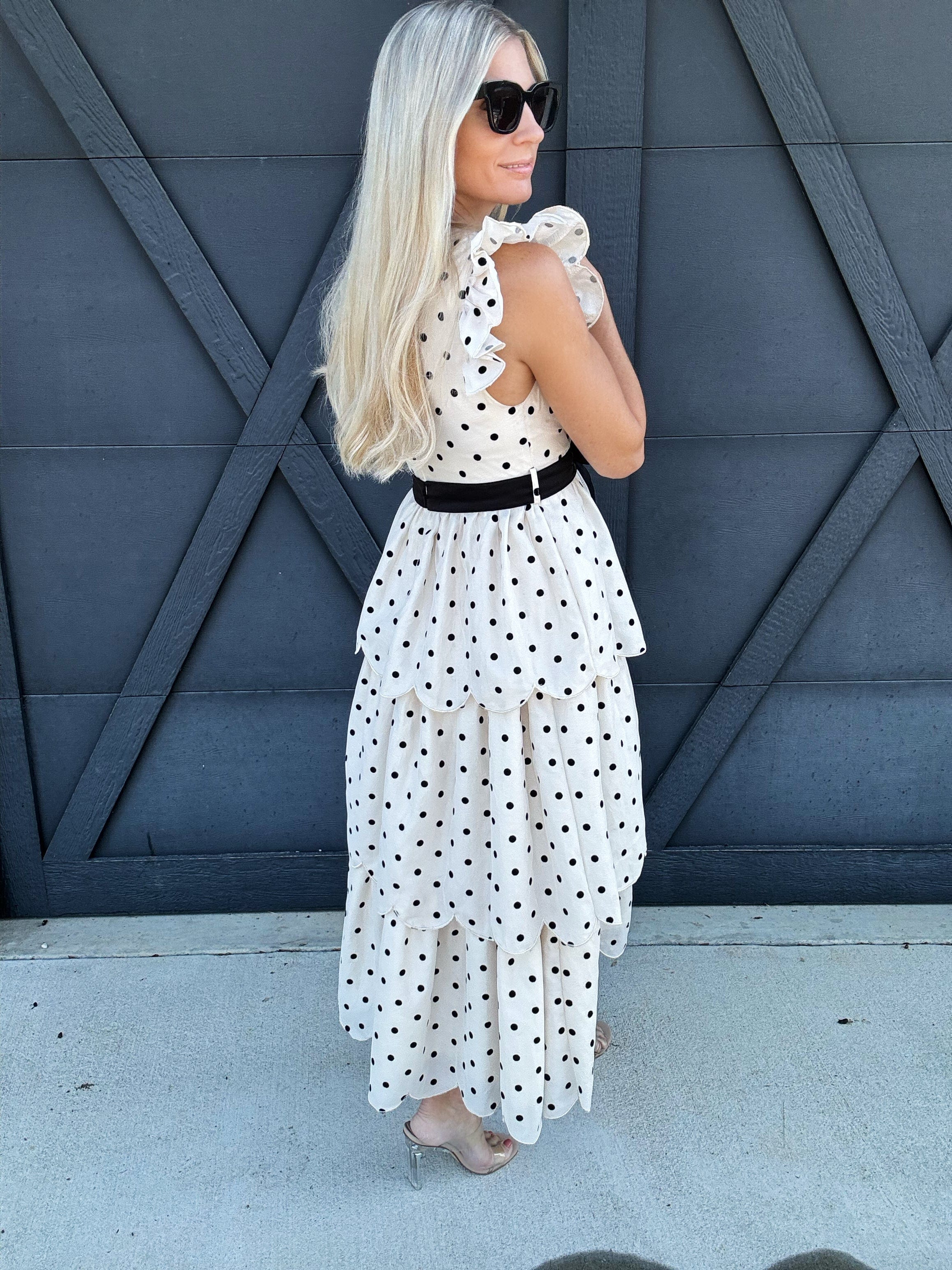 Polkadot Scalloped Ruffle Tiered Midi Dress - Infinity Raine