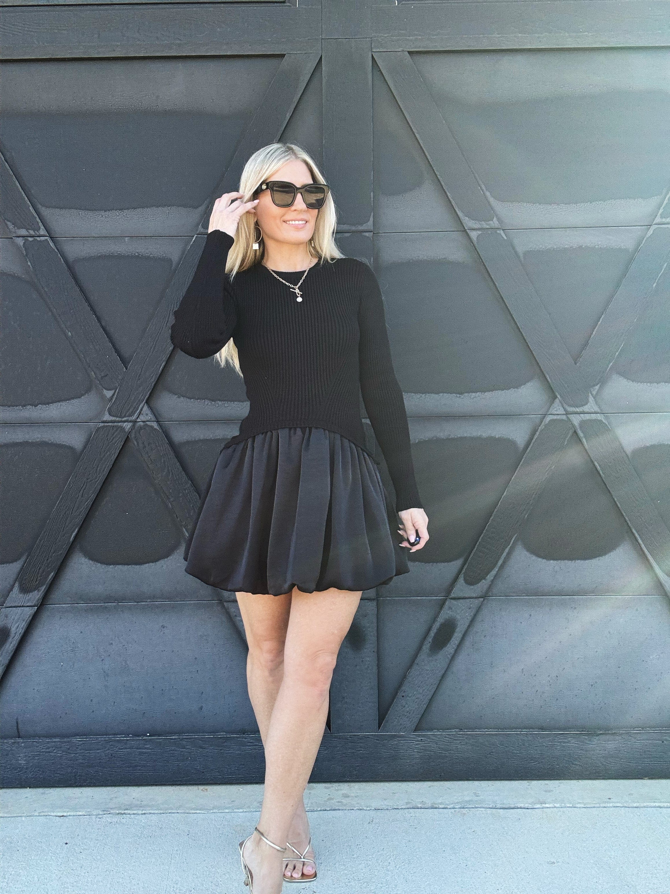 MABLE Dresses Ribbed Bubble Skirt Mini Dress In Black