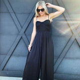 Mable Jumpsuits & Rompers Solid Satin adjustable spaghetti strap smocked bust wide leg jumpsuit in Black