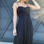 Mable Jumpsuits & Rompers Solid Satin adjustable spaghetti strap smocked bust wide leg jumpsuit in Black