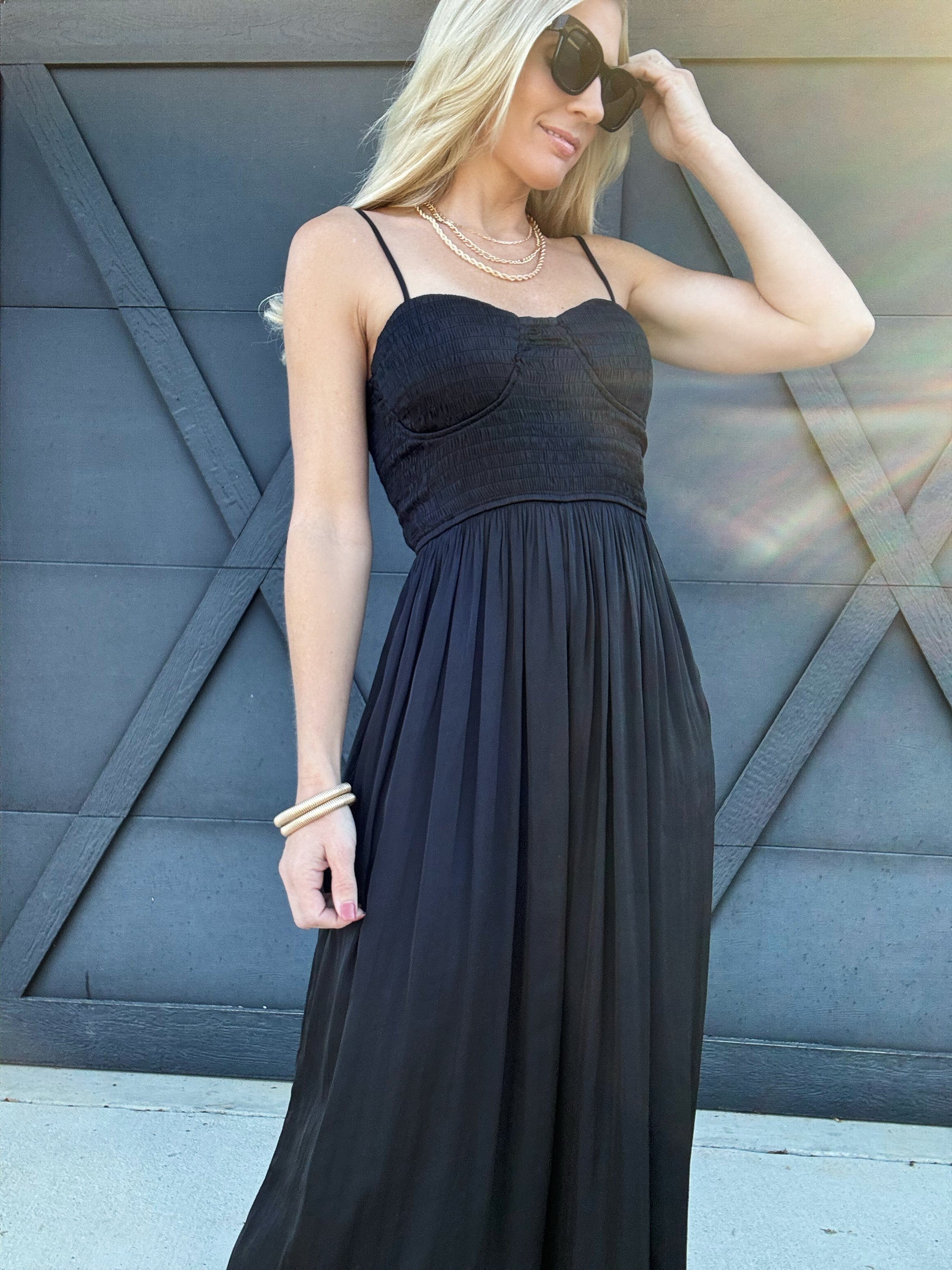 Mable Jumpsuits & Rompers Solid Satin adjustable spaghetti strap smocked bust wide leg jumpsuit in Black