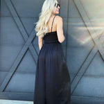 Mable Jumpsuits & Rompers Solid Satin adjustable spaghetti strap smocked bust wide leg jumpsuit in Black