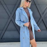 Long Sleeve Double Breasted Denim Midi Trench Coat in Light Denim - Infinity Raine