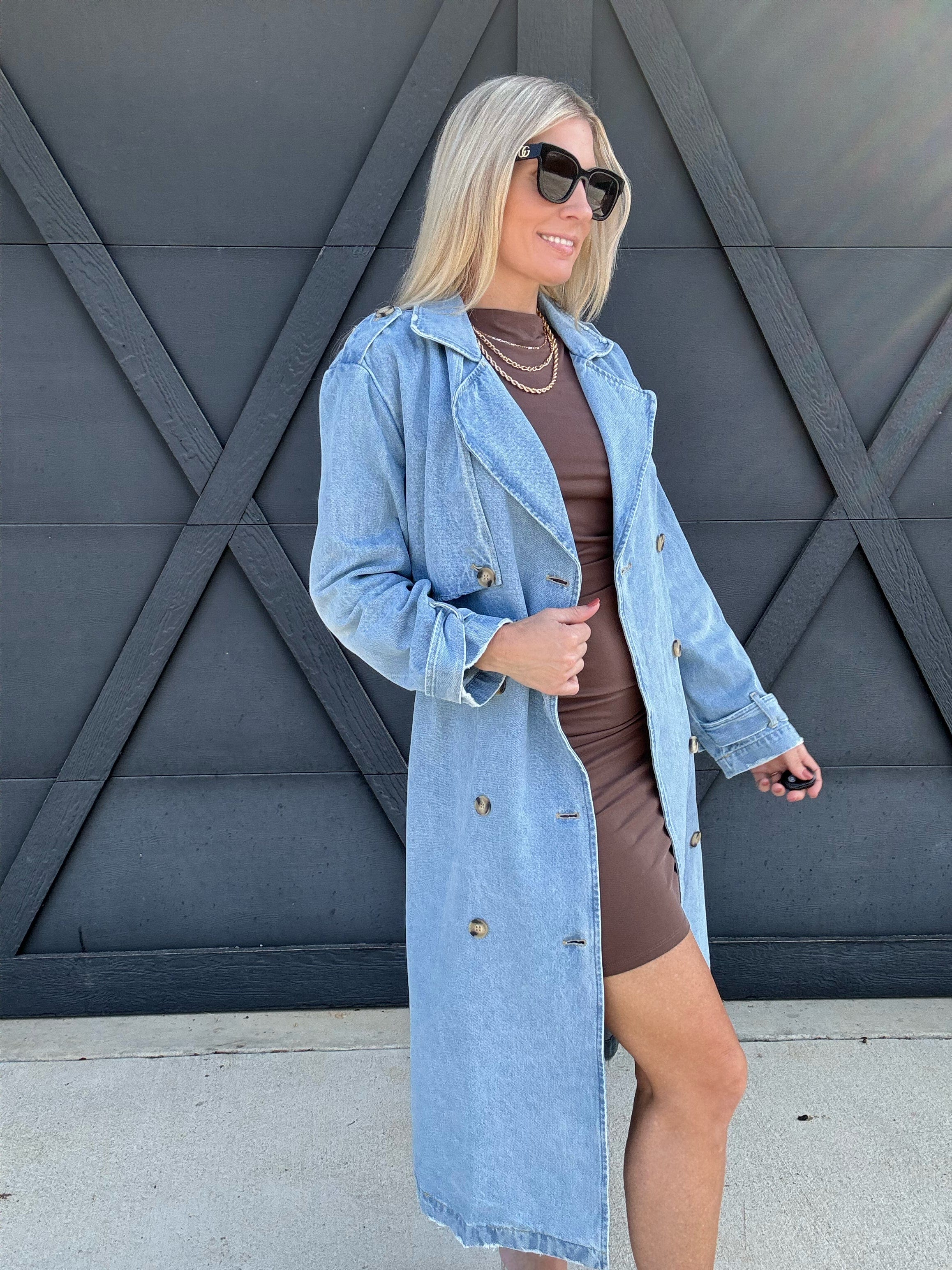 Long Sleeve Double Breasted Denim Midi Trench Coat in Light Denim - Infinity Raine