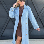 Long Sleeve Double Breasted Denim Midi Trench Coat in Light Denim - Infinity Raine