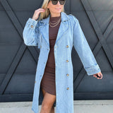 Long Sleeve Double Breasted Denim Midi Trench Coat in Light Denim - Infinity Raine