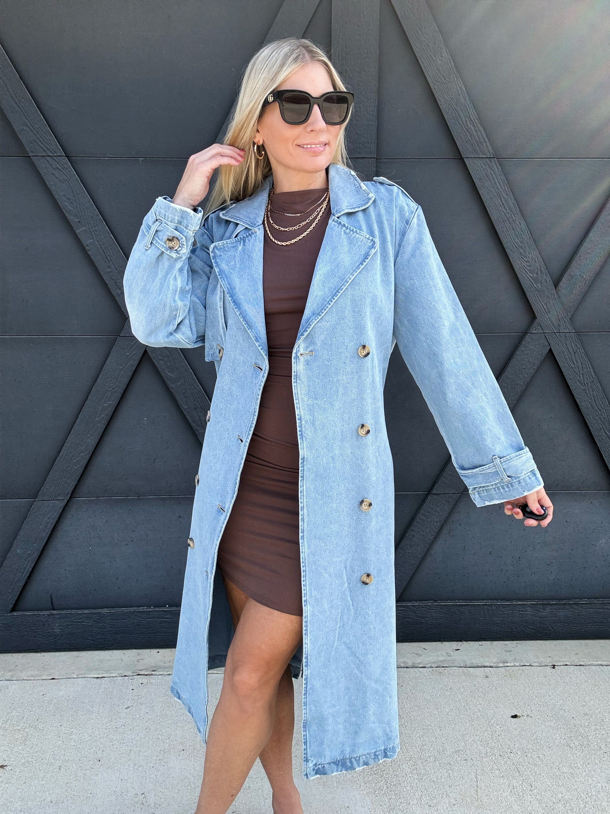 Long Sleeve Double Breasted Denim Midi Trench Coat in Light Denim - Infinity Raine