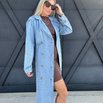 Long Sleeve Double Breasted Denim Midi Trench Coat in Light Denim - Infinity Raine