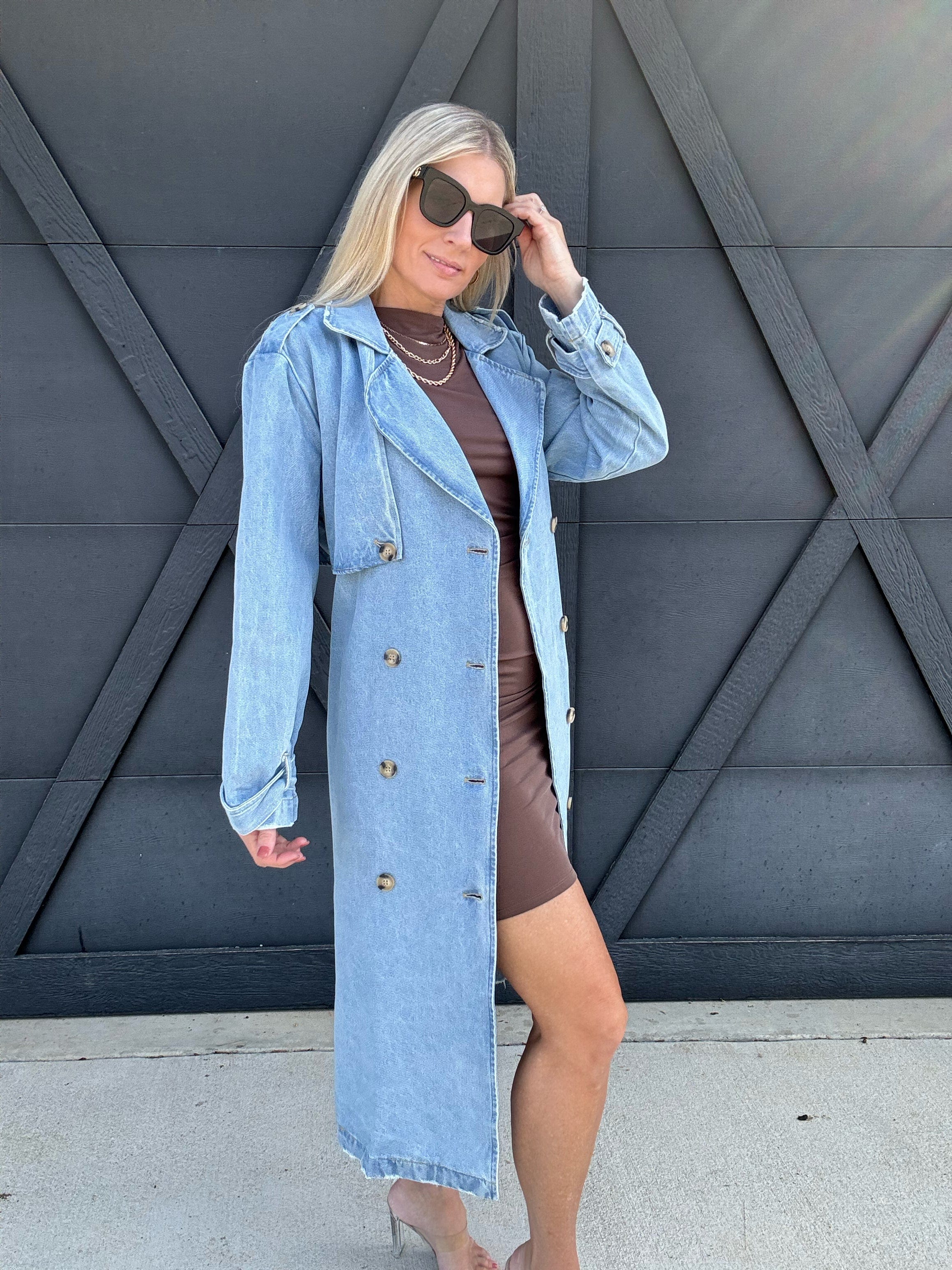 Long Sleeve Double Breasted Denim Midi Trench Coat in Light Denim - Infinity Raine