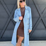 Long Sleeve Double Breasted Denim Midi Trench Coat in Light Denim - Infinity Raine