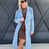 Long Sleeve Double Breasted Denim Midi Trench Coat in Light Denim - Infinity Raine