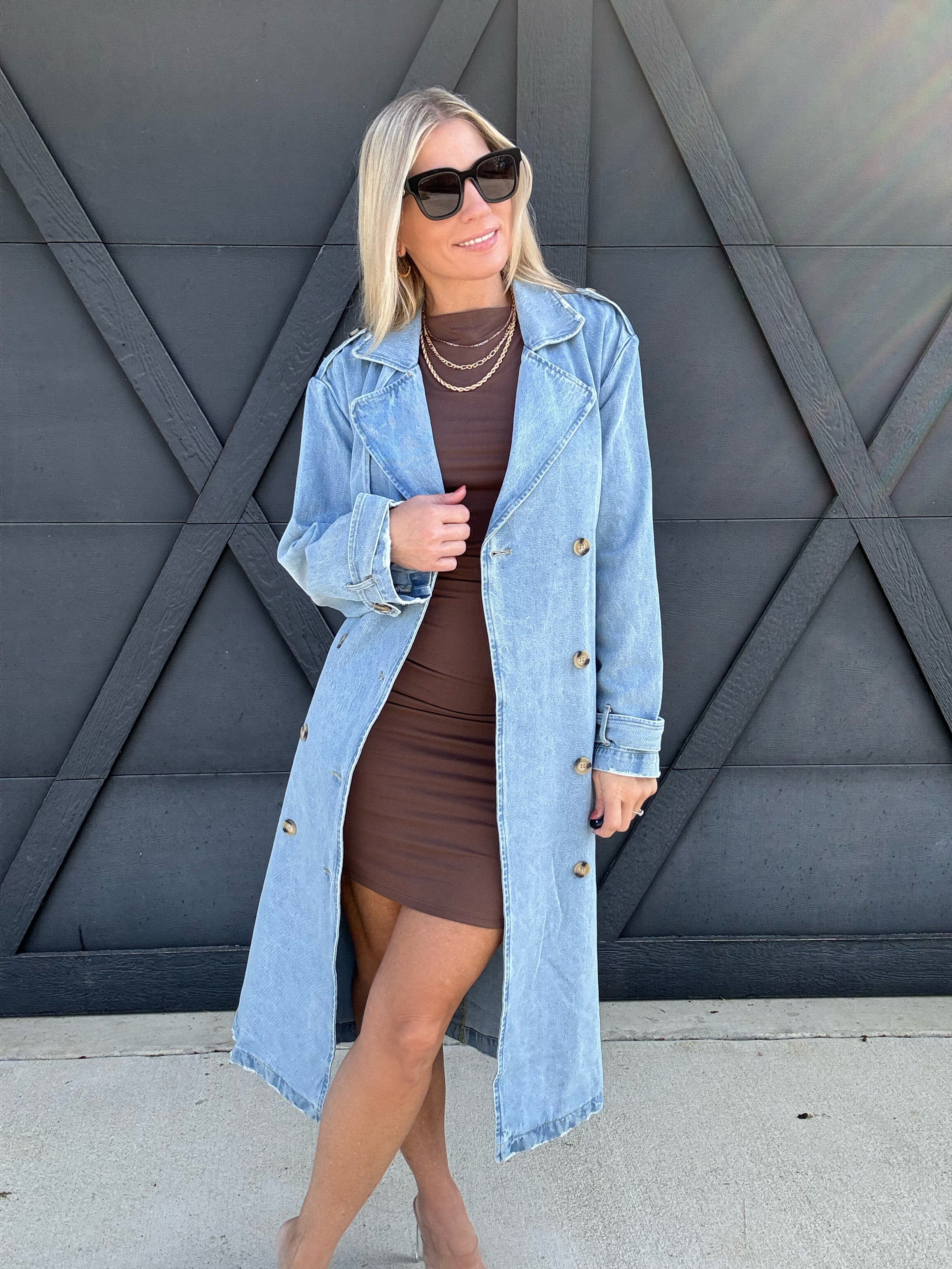 Long Sleeve Double Breasted Denim Midi Trench Coat in Light Denim - Infinity Raine