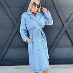 Long Sleeve Double Breasted Denim Midi Trench Coat in Light Denim - Infinity Raine