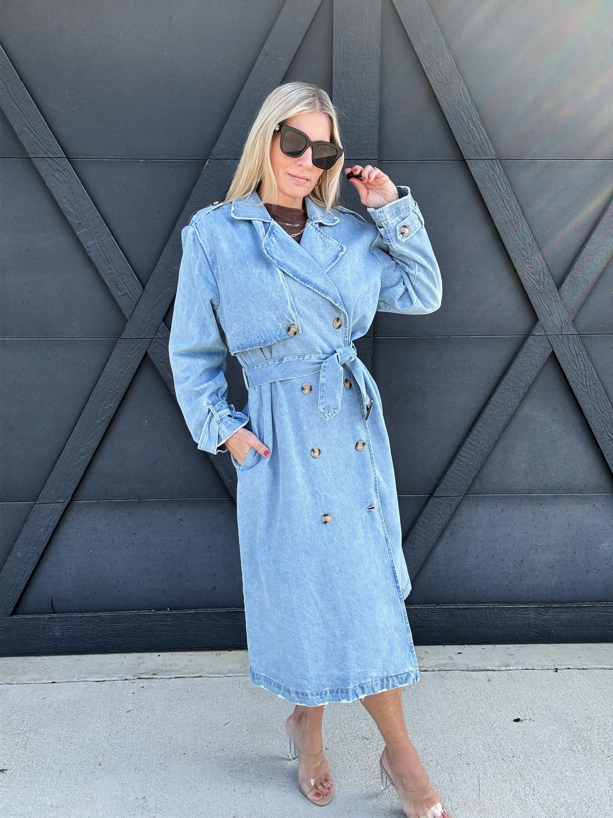 Long Sleeve Double Breasted Denim Midi Trench Coat in Light Denim - Infinity Raine