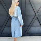 Long Sleeve Double Breasted Denim Midi Trench Coat in Light Denim - Infinity Raine