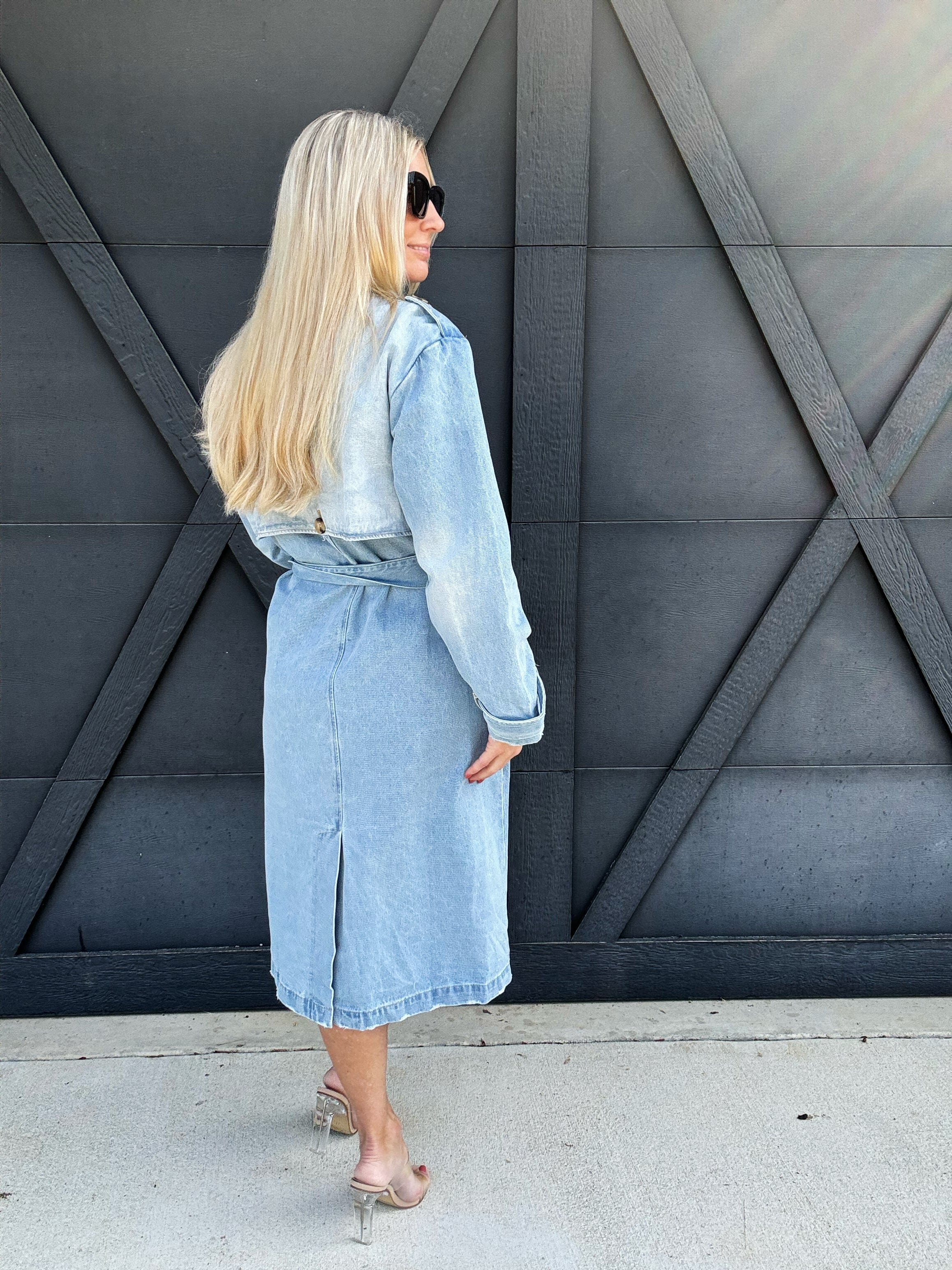 Long Sleeve Double Breasted Denim Midi Trench Coat in Light Denim - Infinity Raine