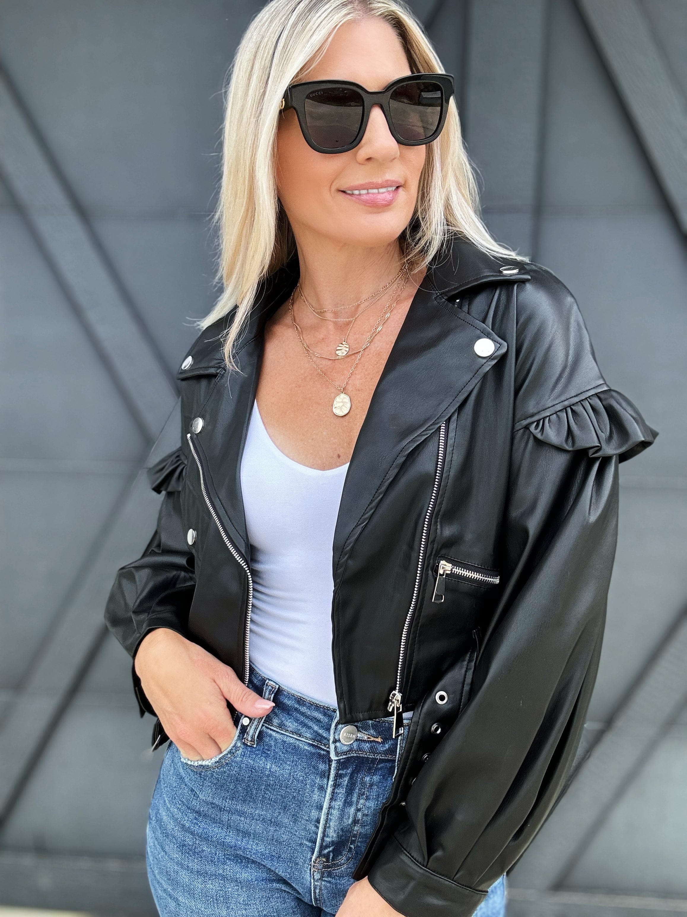 Puff Ruffle Cropped Vegan Leather Jacket In Black - Infinity Raine