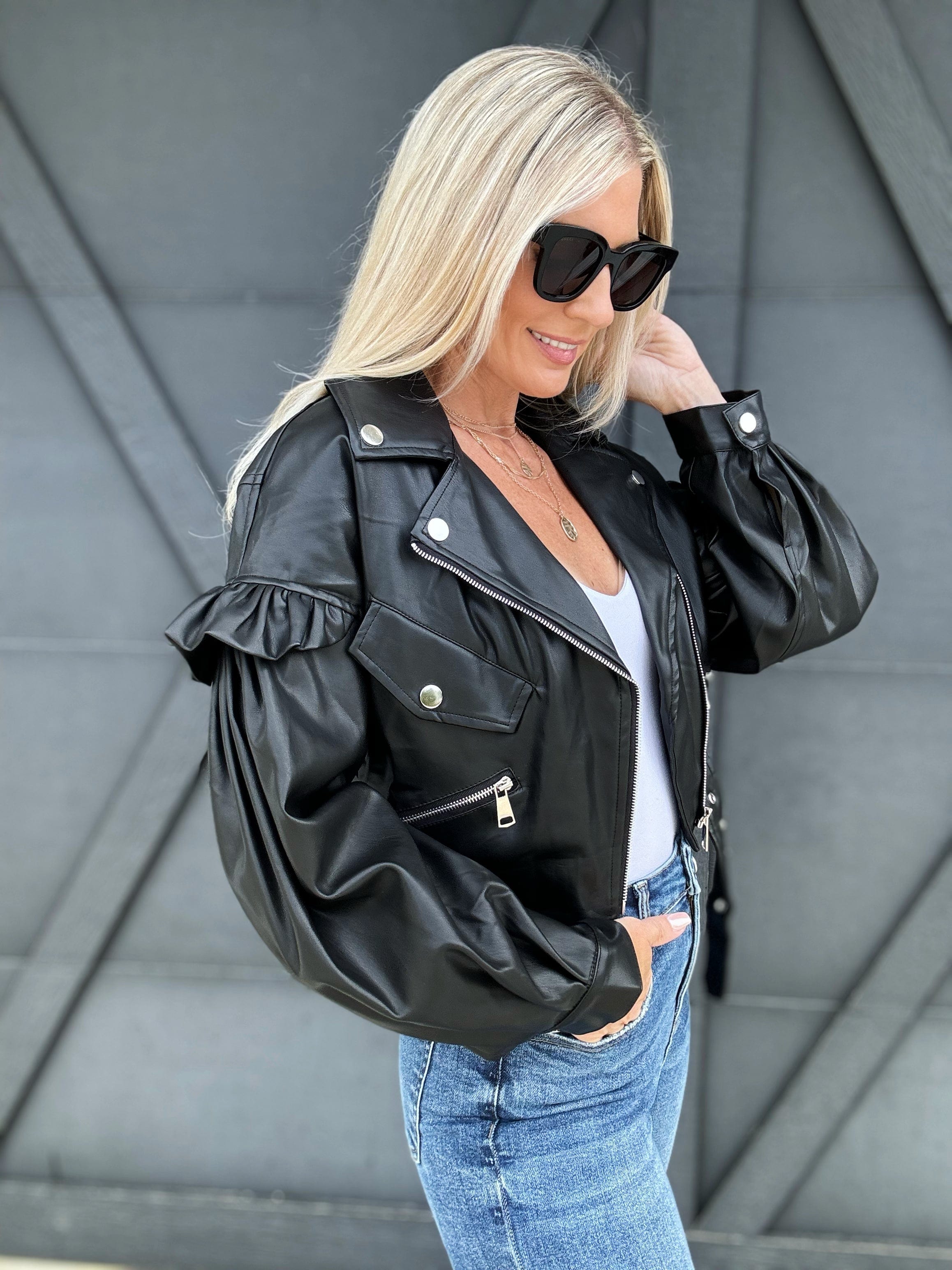 Puff Ruffle Cropped Vegan Leather Jacket In Black - Infinity Raine