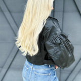 Puff Ruffle Cropped Vegan Leather Jacket In Black - Infinity Raine