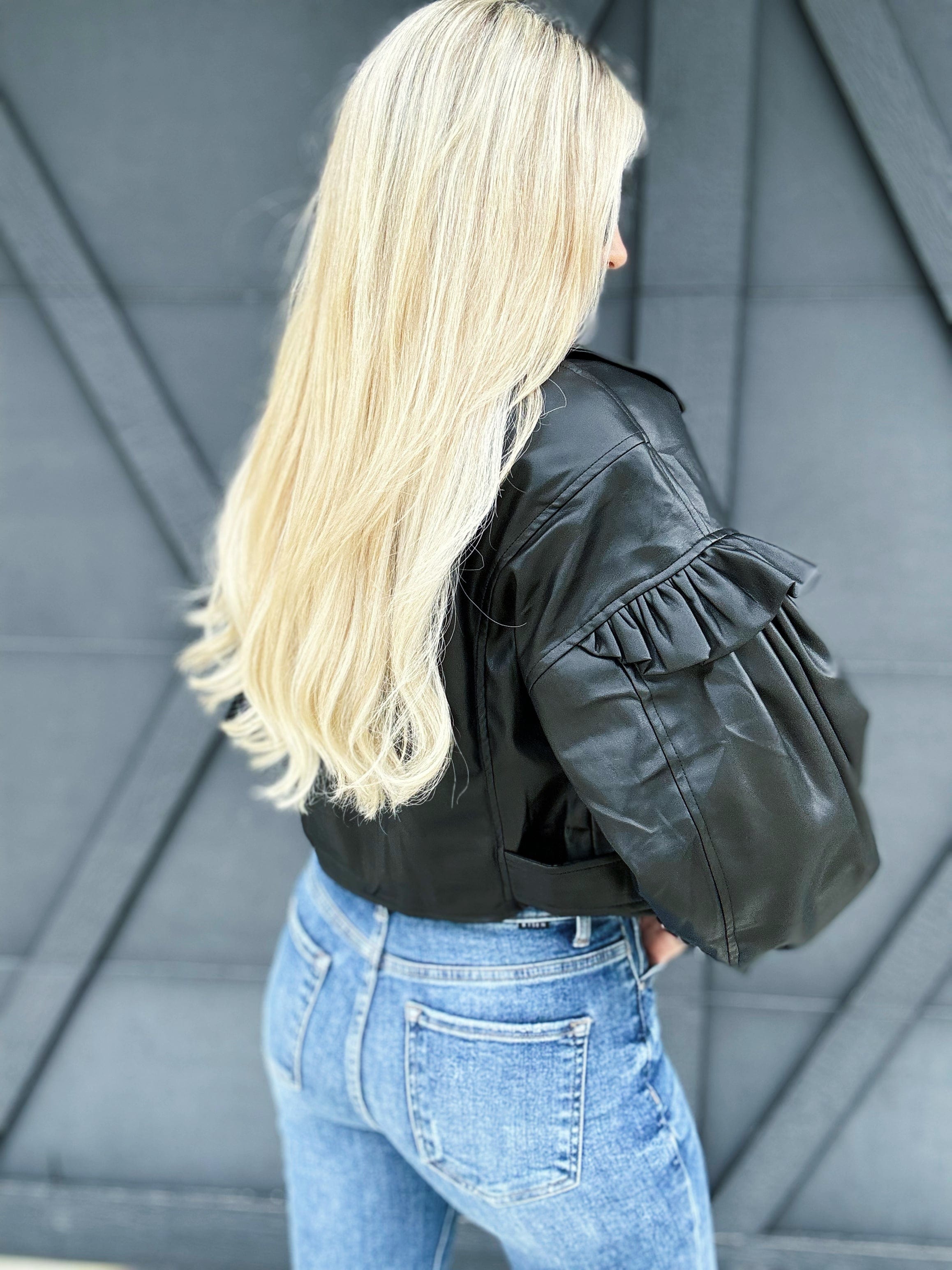 Puff Ruffle Cropped Vegan Leather Jacket In Black - Infinity Raine