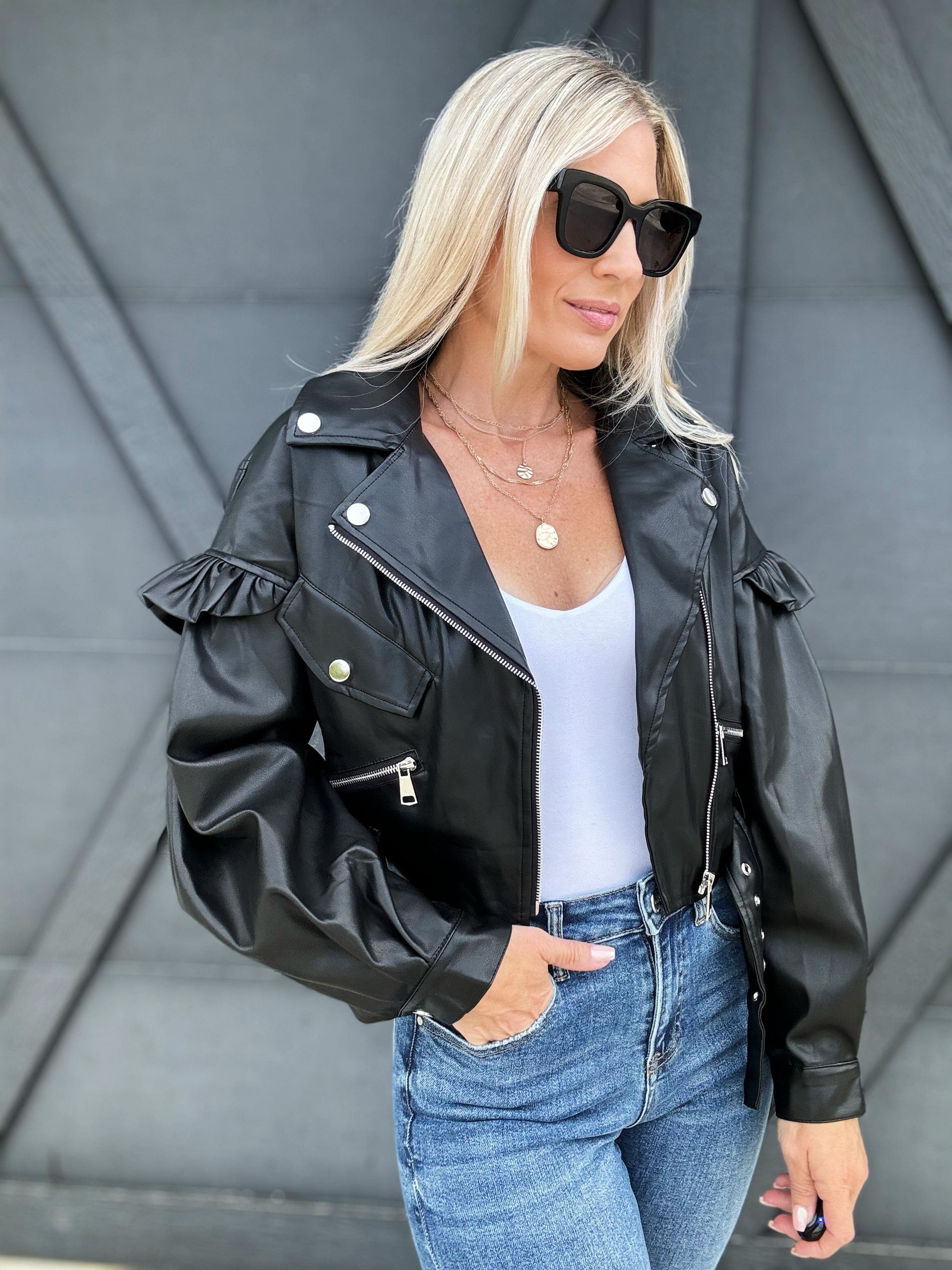 Puff Ruffle Cropped Vegan Leather Jacket In Black - Infinity Raine