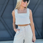 Stripe Sleeve Crop Top and Pants Set In Cream - Infinity Raine