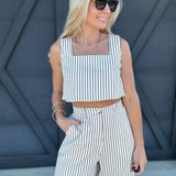 Stripe Sleeve Crop Top and Pants Set In Cream - Infinity Raine