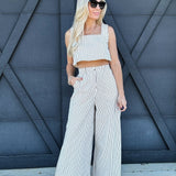 Stripe Sleeve Crop Top and Pants Set In Cream - Infinity Raine