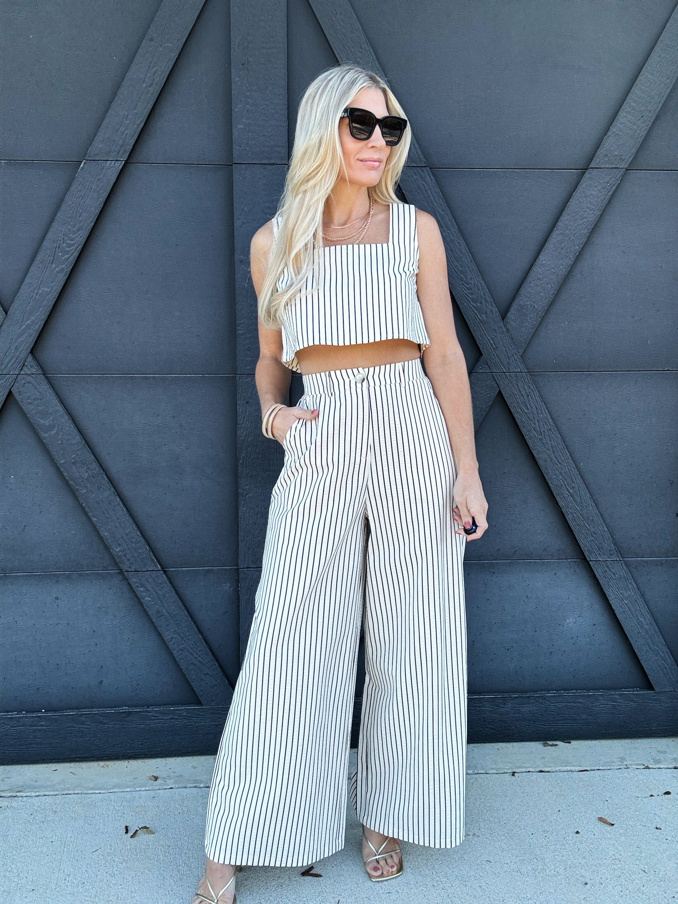 Stripe Sleeve Crop Top and Pants Set In Cream - Infinity Raine