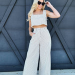 Stripe Sleeve Crop Top and Pants Set In Cream - Infinity Raine