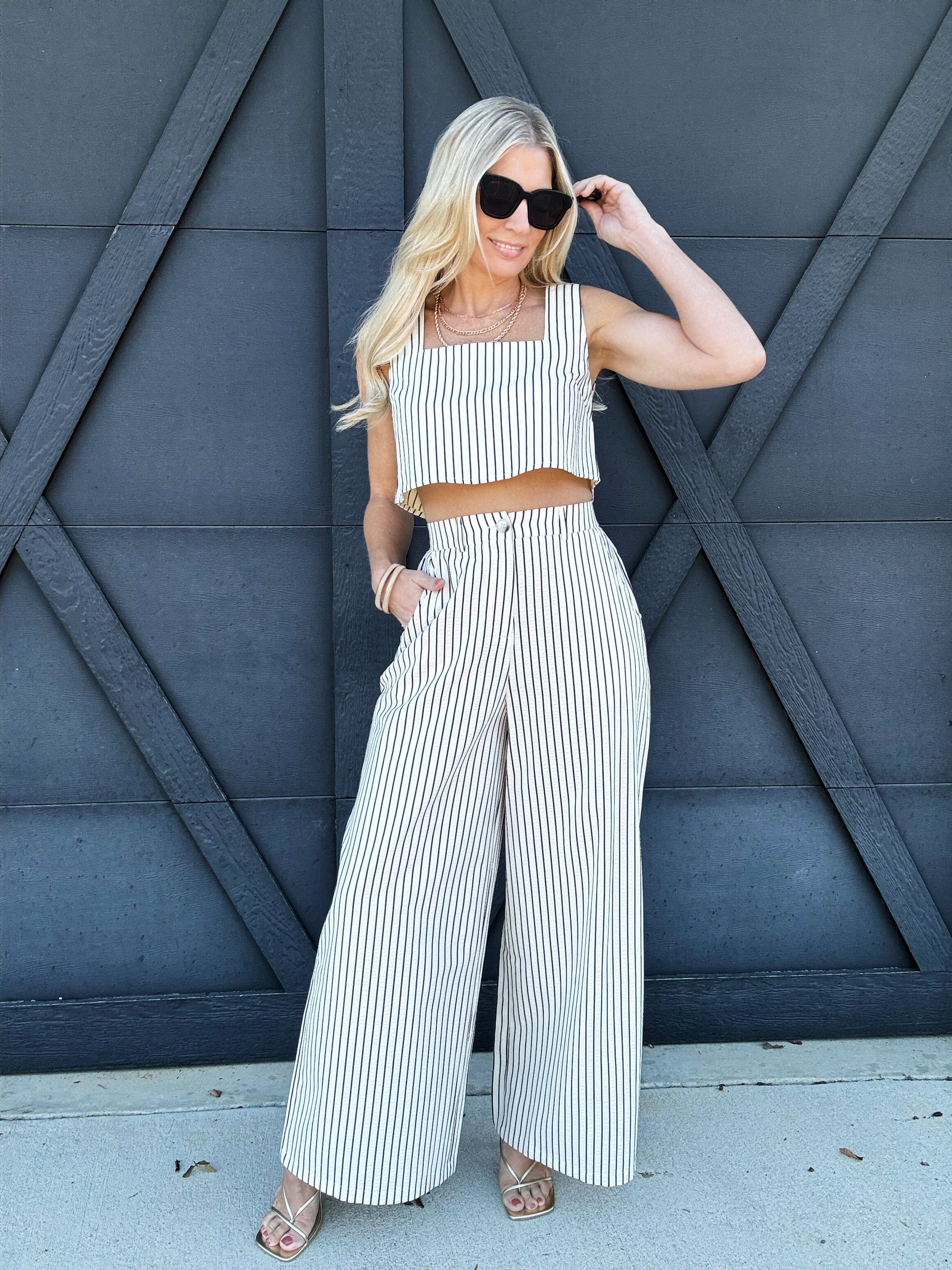 Stripe Sleeve Crop Top and Pants Set In Cream - Infinity Raine